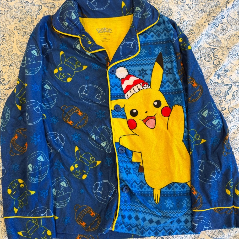Pikachu Holiday Button-Up Pajama Set Yellow & Blue